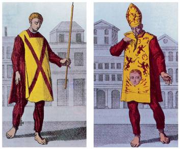 Espainiako Inkisizioak kondenaturikoen sanbenitoak. P. Limbourgen grabatuak, Historia Inquisitions obrarako eginak (Amsterdam, 1692).<br><br>